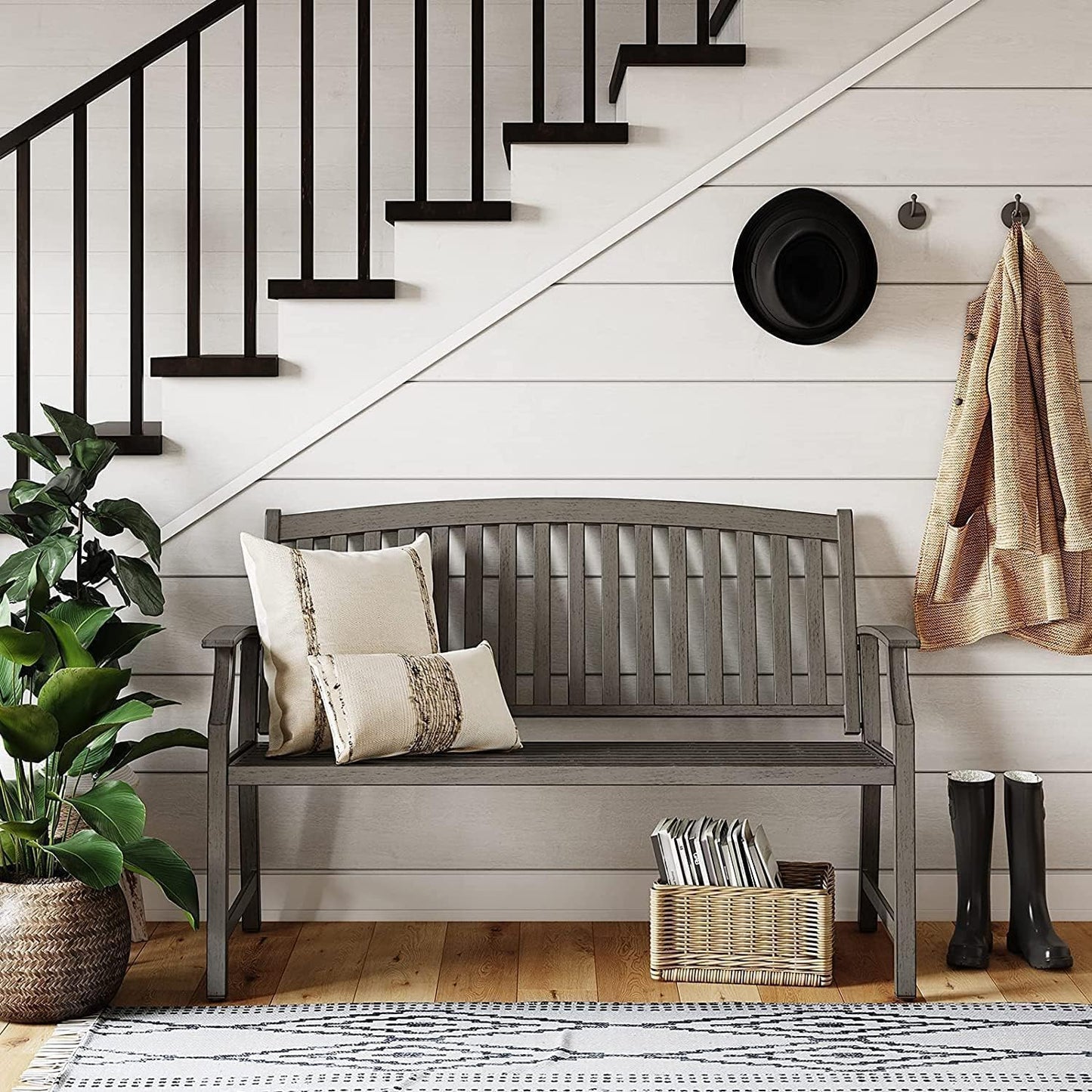 Grand patio 52" Farmhouse Outdoor Bench, Garden Benches with Rust Free Metal Powder Coated Frame and Aluminum Backrest, Faux Wood Grain Finish Frame Patio Bench for Front Porch, Weathered Grey