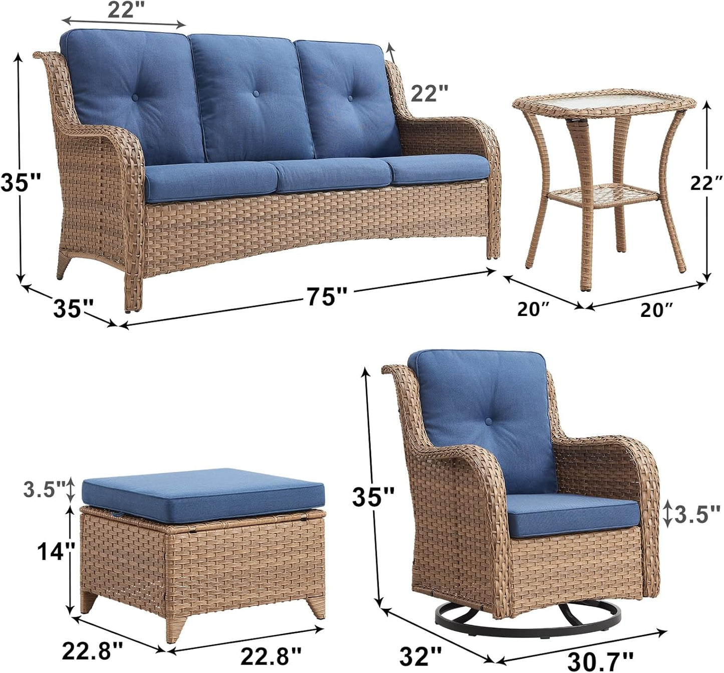 Outdoor Wicker Patio Furniture Set - 6 Piece Rattan Patio Conversation Set with 2 Rocking Swivel Chairs,2 Ottomans,1 Sofa and 1 Side Table for Porch Deck Backyard Garden(Yellow/Blue)