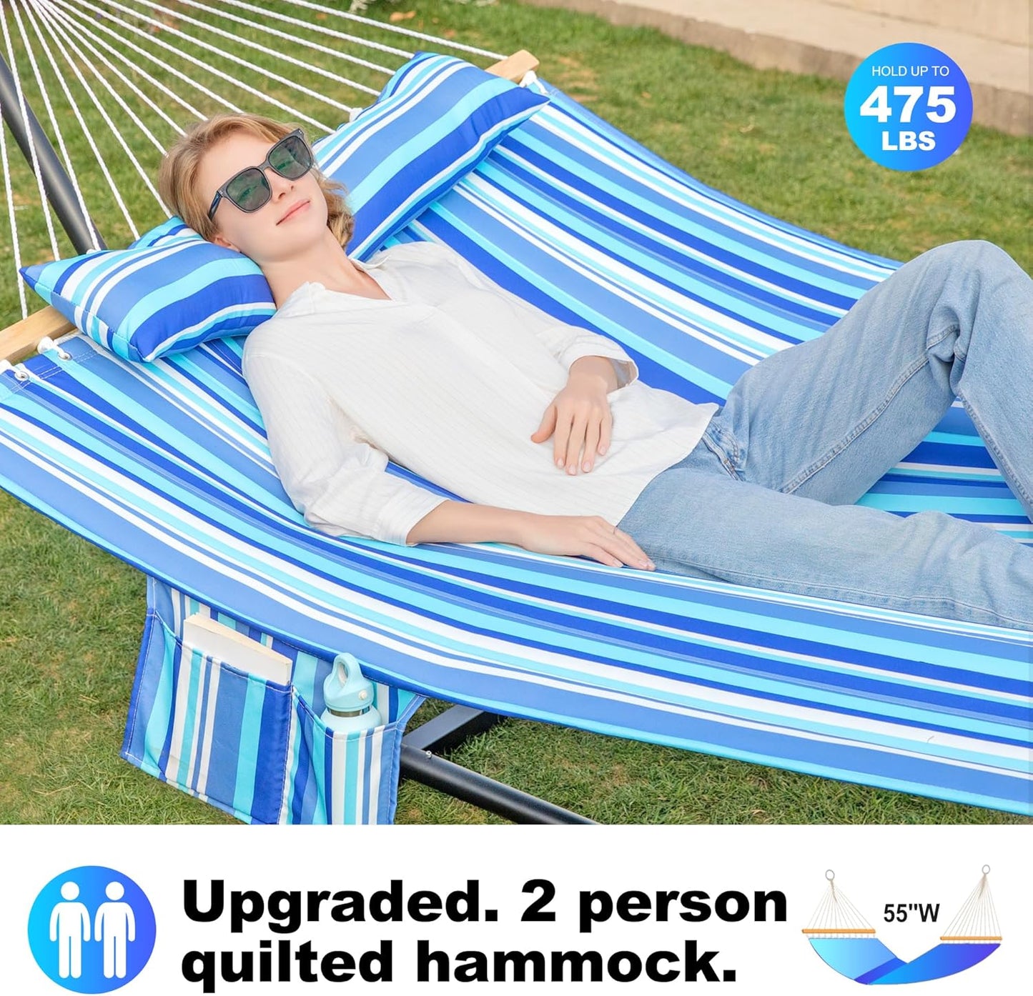 Double Quilted Fabric Tree Hammock with Spreader Bar, 14ft Hammocks 2 Person for Outside, Fits 12ft -14ft Hammock Stand, Large Pillow, Side Pocket & Carabiner, Max 475 lbs Capacity (Ocean Blue)