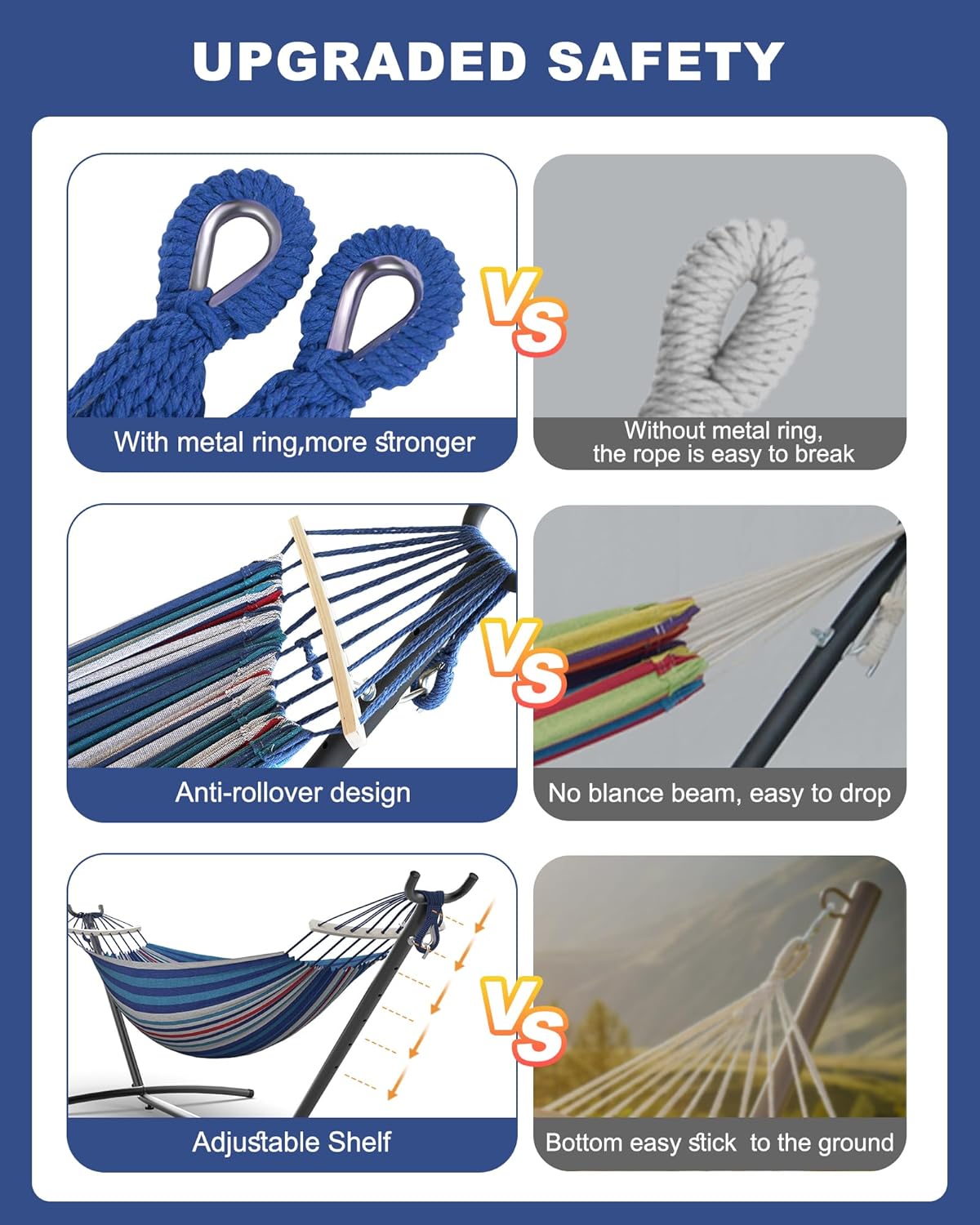 Double Hammock with Heavy-Duty Steel Stand,Portable,Easy Assembly,600lbs Weight Capacity,Suit for Indoor,Yard,Camping,or Outdoor-Fine Blue