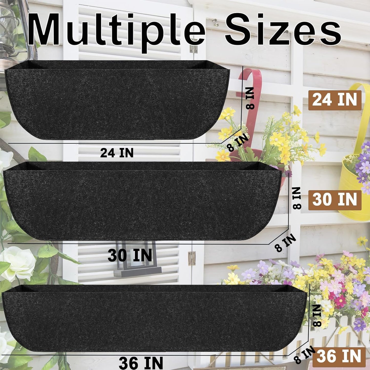 2-Pack 24in Planter Liners - Breathable Felt Hanging Basket and Window Box Liners - Prevent Root Suffocation and Bird Damage - Black