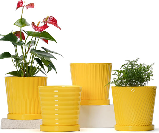 Ton Sin Plant Pots, 6 Inch Flower Pots for Plants,Ceramic Planter with Drainage Holes,Indoor Planter Pots with Saucer,Outdoor Garden Pots (Yellow, 4 Pack)