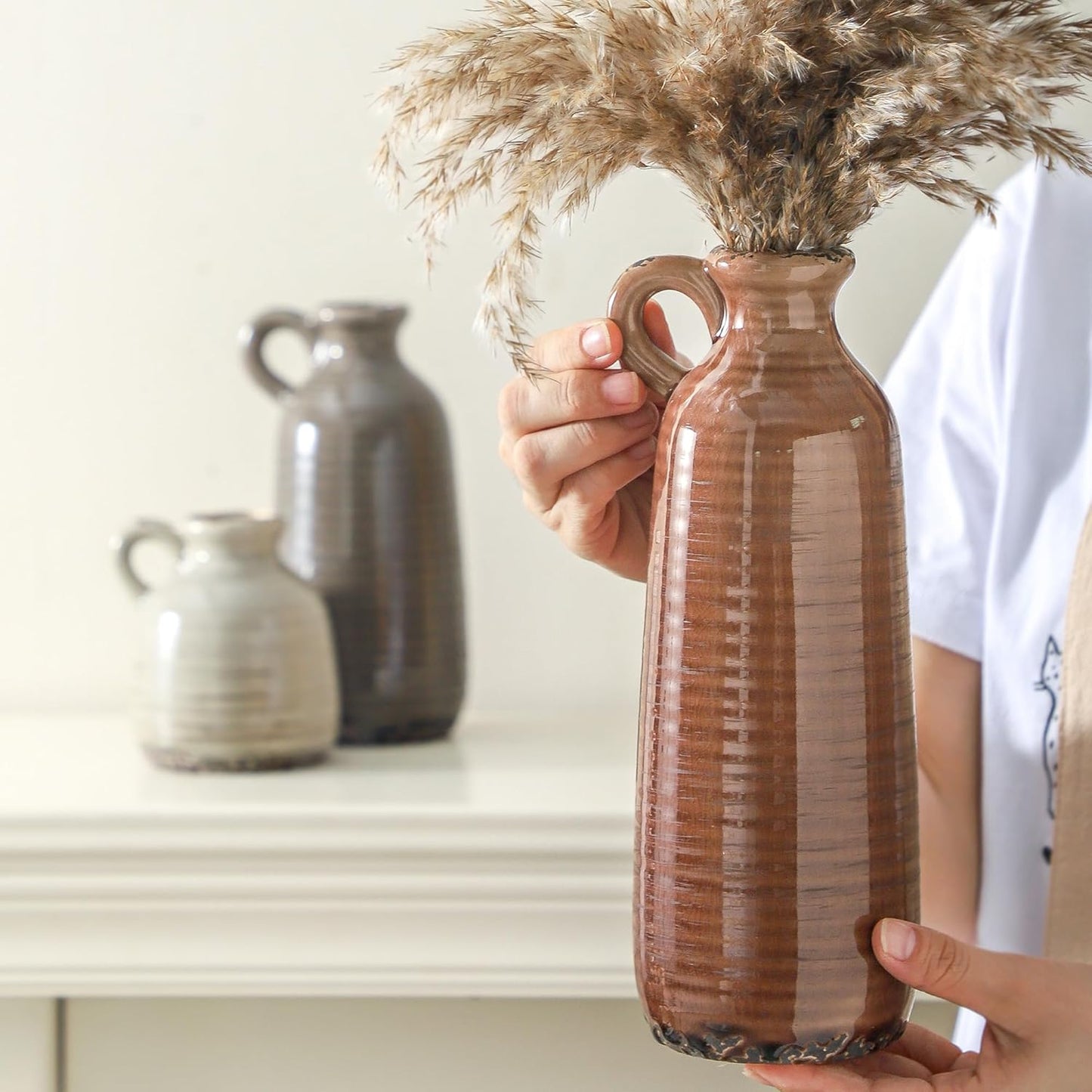 Ceramic Vases Set of 3, Neutral Rustic Farmhouse Vase with Handle, Decorative Flower Vases Home Decor Modern Boho Pampass Vase for Table Mantel Entryway Shelf Living Room Kitchen Bathroom - Brown