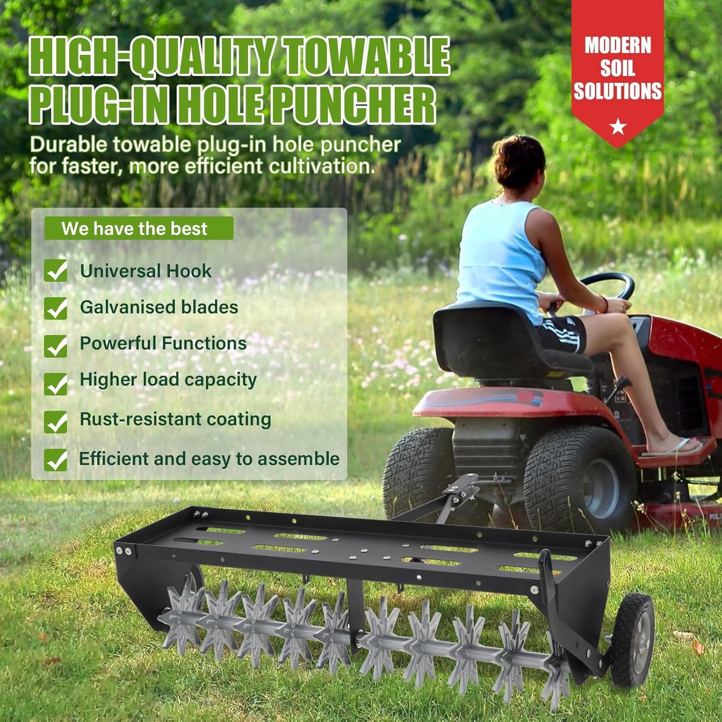 40" Tow Behind Spike Aerator with Galvanized Steel Tines and Extra-Wide Tow Bar, Tow Behind Plug Aerator with Transport Wheels, for Gardens, Lawns, Farms