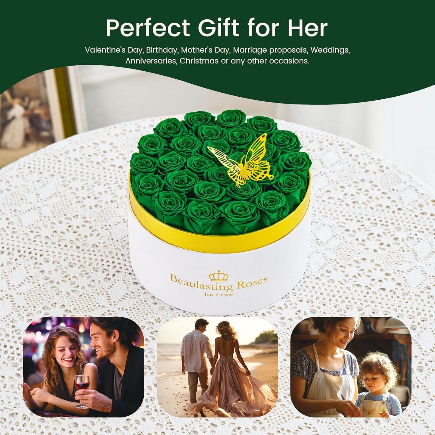 Preserved Roses Forever Flowers Real Roses in a Box Mother's Day Birthday Flowers for Her Mom Women Wife Valentine's Day, Green, 27 Piece