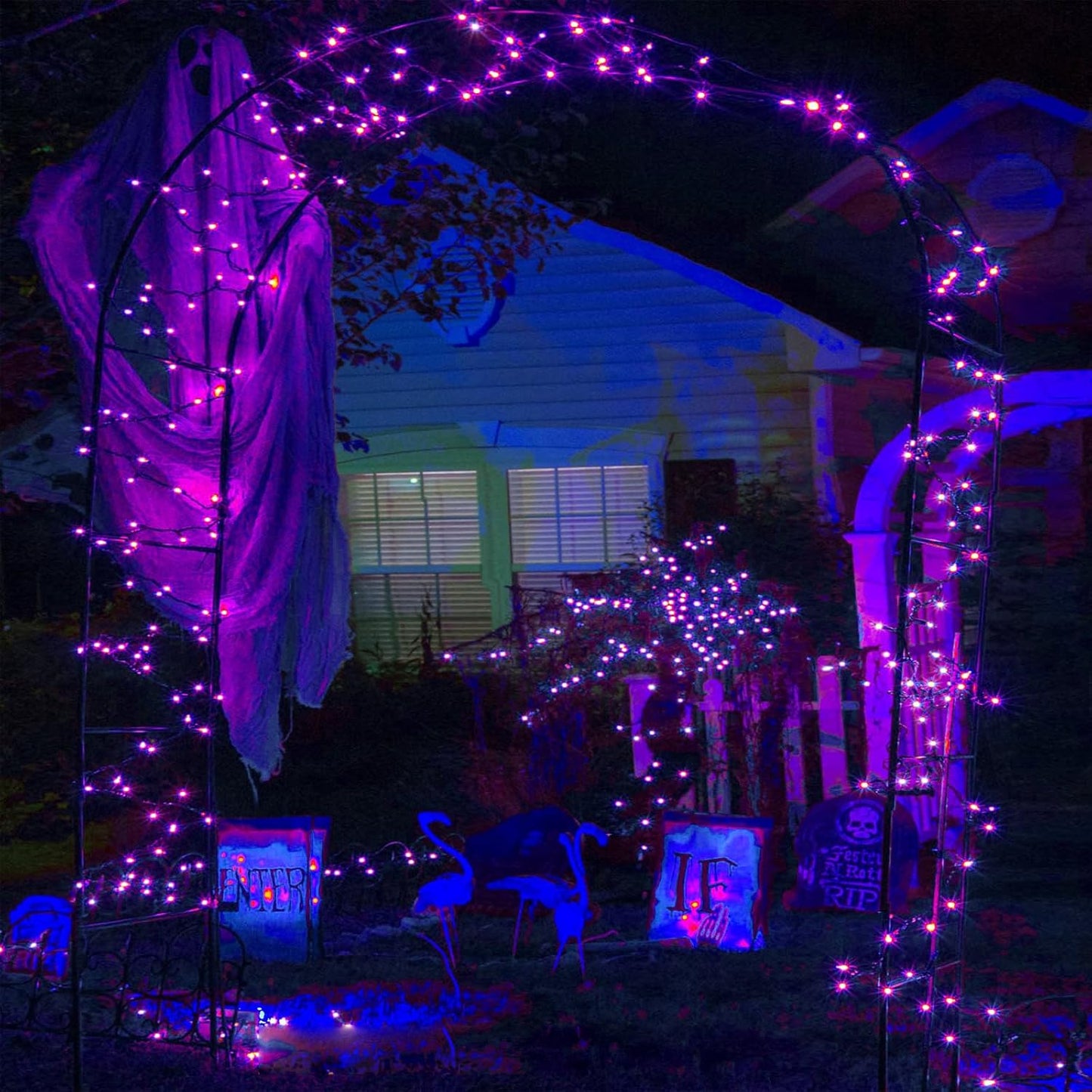 EEW 2 Pack 200 LED Solar Halloween Lights Outdoor Waterproof, Solar String Lights for Outside, Solar Powered Tree Light with 8 Lighting Modes for Xmas Party Garden Yard Halloween Decorations (Purple)