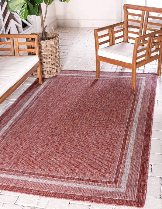 Unique Loom Outdoor Border Collection Area Rug - Soft Border (7' 1" x 10' Rectangle, Rust Red/ Ivory)