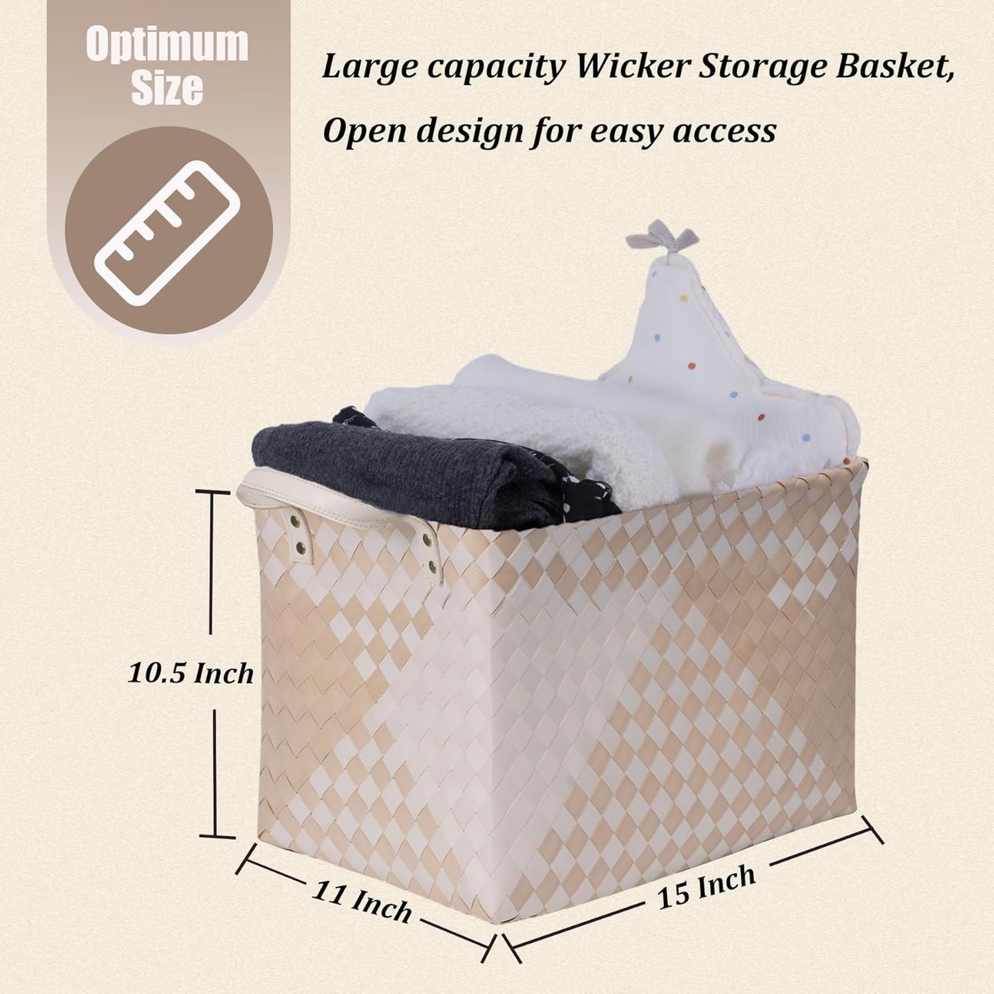 BROWNLILY Handwoven Clothes Basket Laundry Hampers Large Wicker Storage Baskets for Shelves Blankets Closet Storage Bins Car Bedroom Bathroom Organizers and Storage (Pack of 4, Khaki & Ivory White)