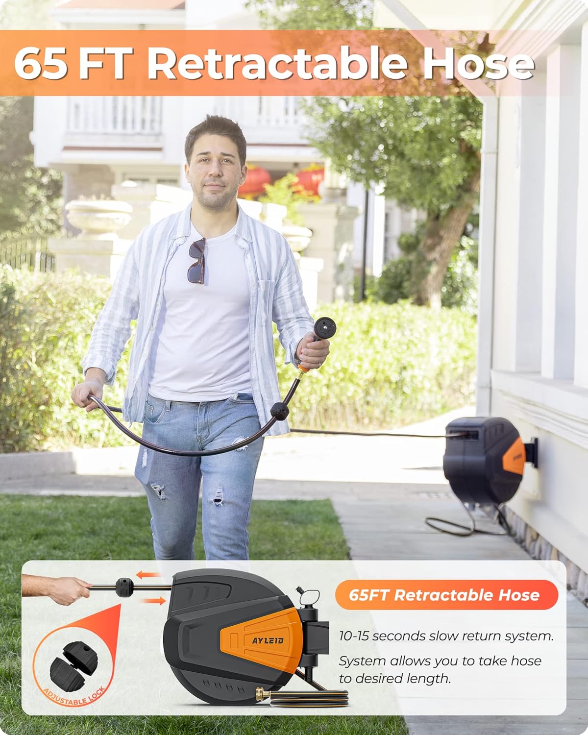 Ayleid Retractable Garden Hose Reel,1/2 in x 65 ft Wall Mounted Hose Reel, with 9- Function Sprayer Nozzle, Any Length Lock/Slow Return System/Wall Mounted/180°Swivel Bracket (Black)