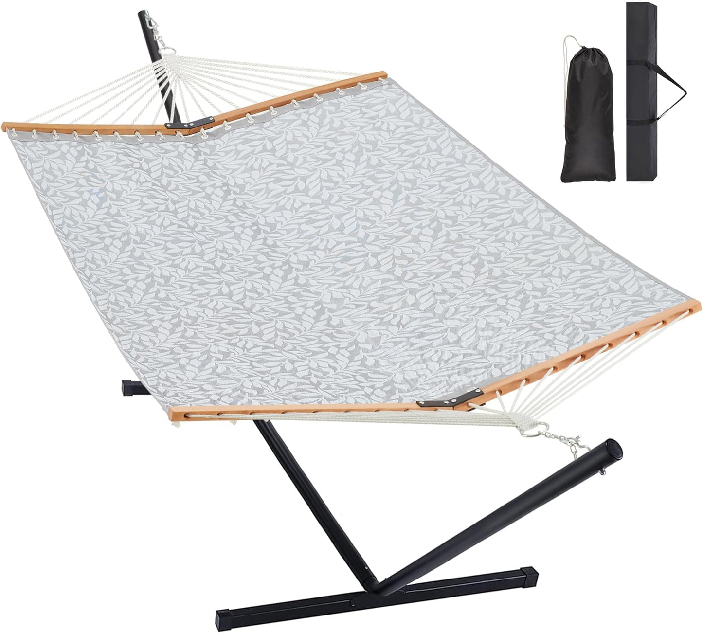 Two Person Hammock with Stand Heavy Duty, Outdoor Patio Hammock with Portable Steel Stand, Large Double Hammocks with Quick Dry Textilene Fabric,480lbs Capacity.(Grey White)