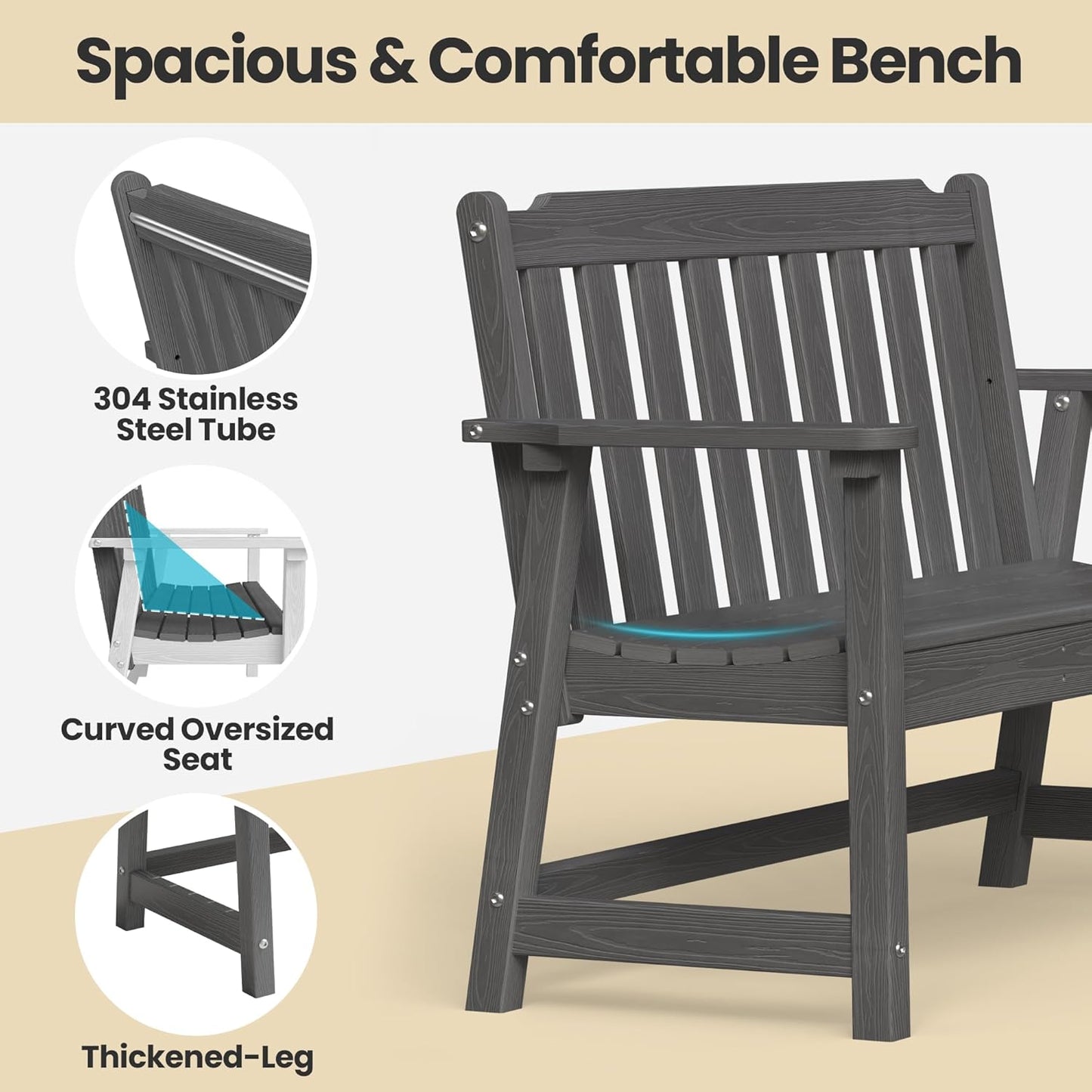 Ciokea 46" Heavy Duty Outdoor Bench, HDPE Weatherproof Garden Benches, Durable 2-Person Porch Benches with 660 Lbs, Waterproof Patio Bench for Outside Balcony Deck Backyard, Dark Grey