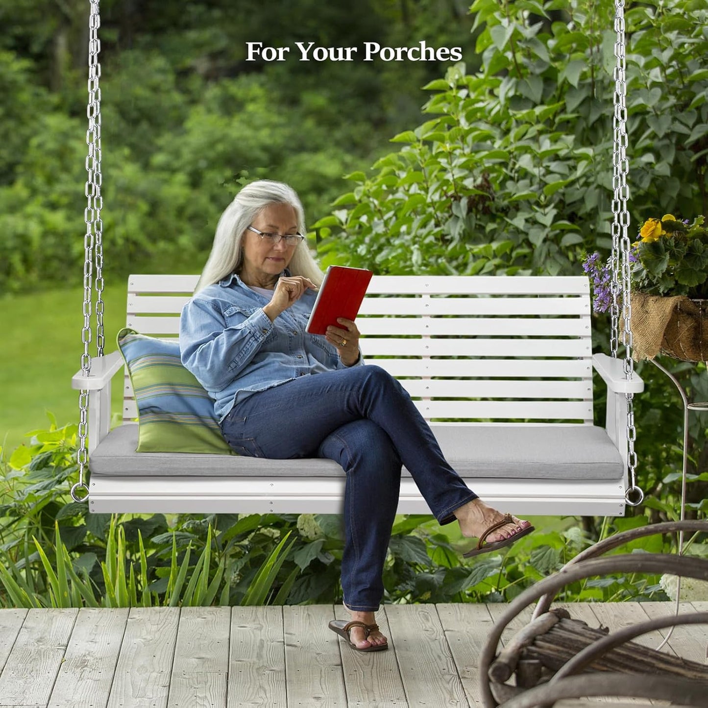 VINGLI Heavy Duty 880 LBS Patio Wooden Porch Swing Outdoor with Extra Cushion, Farmhouse Hanging Bench Tree Swing with Adjustable Chains for Yard | Garden | Lawn | Balcony (5 FT, White)