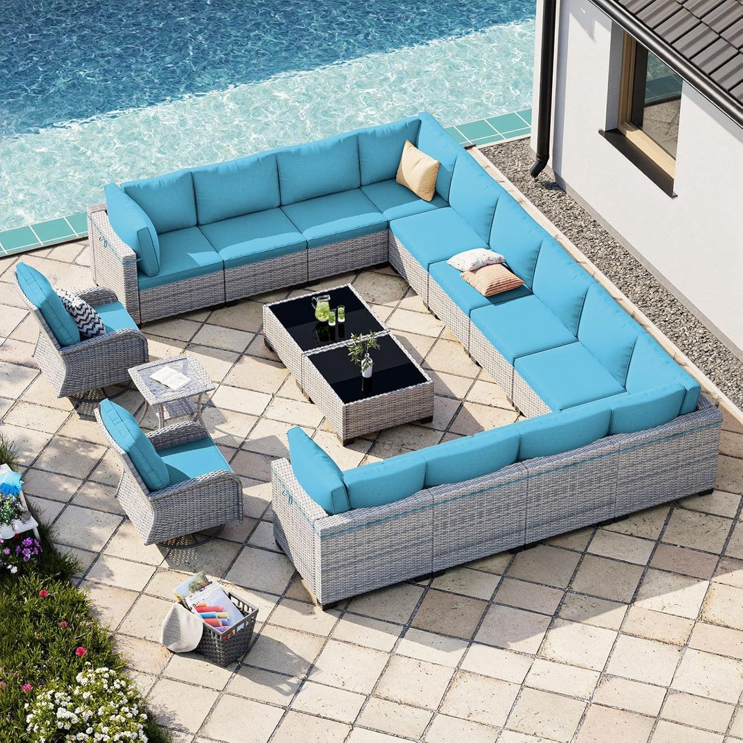 17-Piece Patio Furniture Set, Outdoor Patio Furniture with Swivel Chairs Set, Thick Cushions, Modular Patio Sofa, Dual-Strand Wicker Rattan, Rust-Resistant Frame, Lake Blue