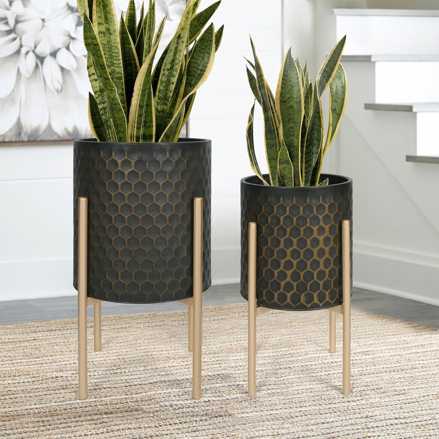 Oakrain Mid Century Planters for Indoor Plants, Set of 2, Modern Decorative Metal Pots for Living Room, Office, Garden or Balcony, Black&Golden Honeycomb, 10inch&12inch
