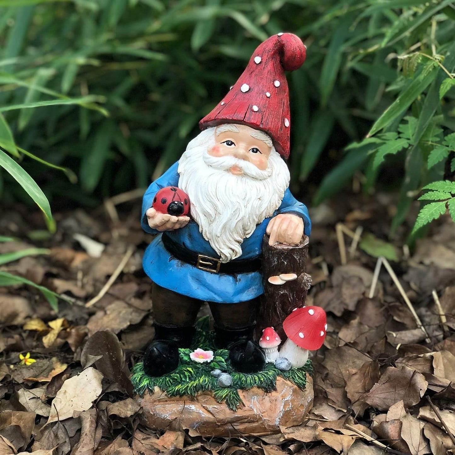 Topadorn Garden Gnome Statue LED Light Solar Energy Gnome Figurine with Ladybug on Hand Mushroom for House, Lawn Decor 11 Inch