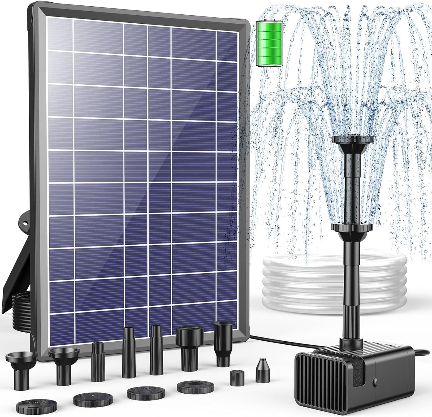 Antfraer Solar Fountain Pump Built-in 3600mAh Battery Backup, 8W Solar Water Pump for Bird Bath with Dry-Run Protection & Double-Layer Nozzles & 5Ft Tubing for Bird Bath Pond Water Features