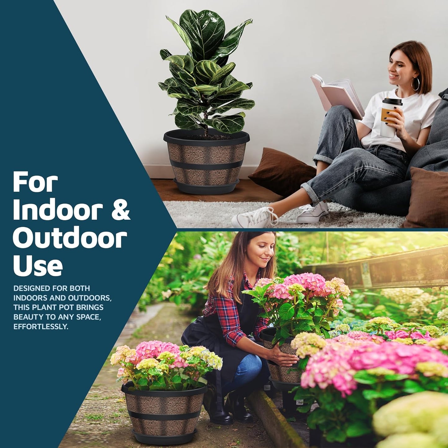 10-Inch Whiskey Barrel Planters Outdoor Pack of 4, Plastic Decoration Plant Pots for Indoor & Outdoor Use with Drainage & Saucer, Rustic Garden Planters for Flowers, Small Plants & Herbs