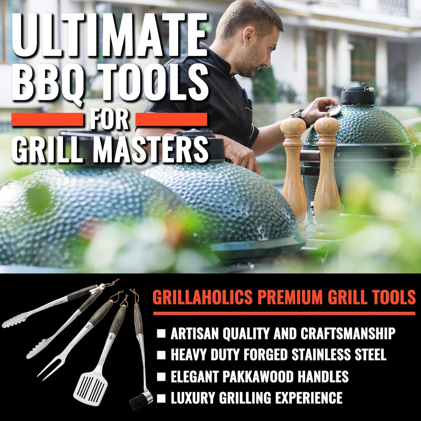 Grillaholics Premium BBQ Grill Tools – The Ultimate Grilling Gift for Dad - Luxury 4-Piece Barbecue Utensils Grill Set with Wooden Gift Box