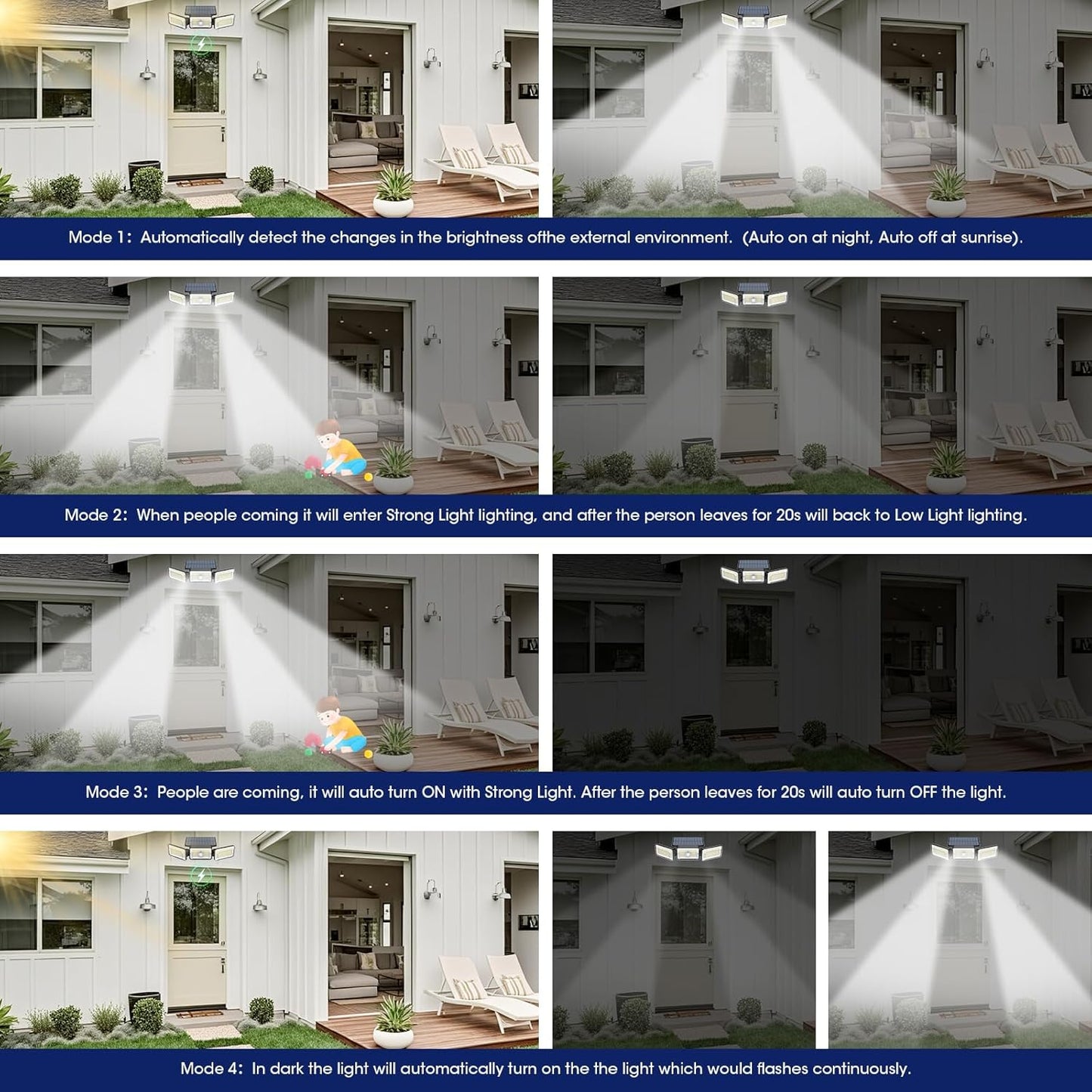 Solar Lights Outdoor Waterproof, Motion Sensor & Flood Outdoor Lights with Remote Control, 4 Adjustable Modes, 3000LM & 218 LED, High-Energy-Density Solar Panel-Monocrystalline Technology, 2 Pack