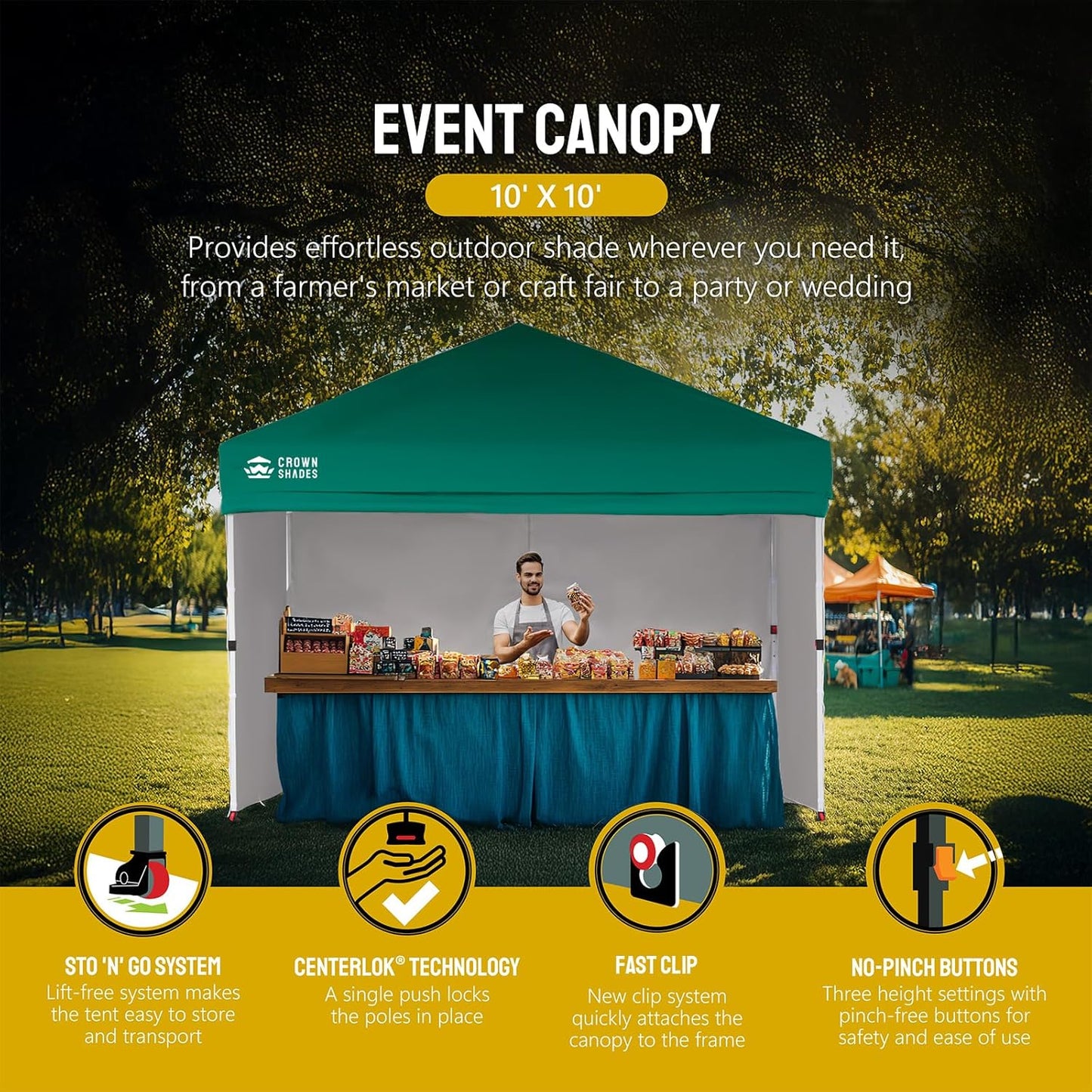 CROWN SHADES 10X10 Comercial Instant Canopy Pop Up Tent with Center Lock (10x10 with 4 Sidewalls, Forest Green)
