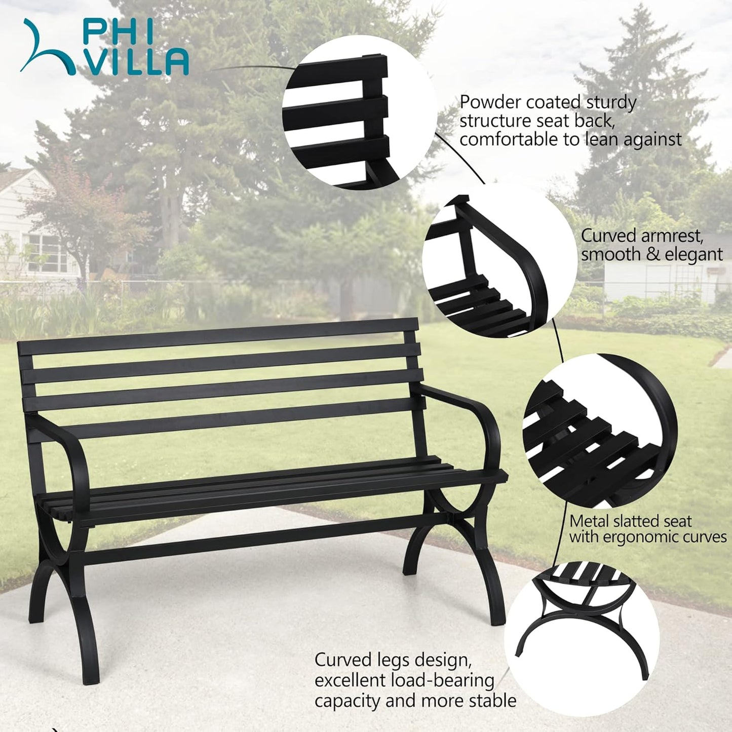 PHI VILLA Outdoor Garden Bench, 48” Long Metal Steel Bench with Backrest and Armrests, Modern Slatted Design for Patio, Lawn, Yard, Porch - Black