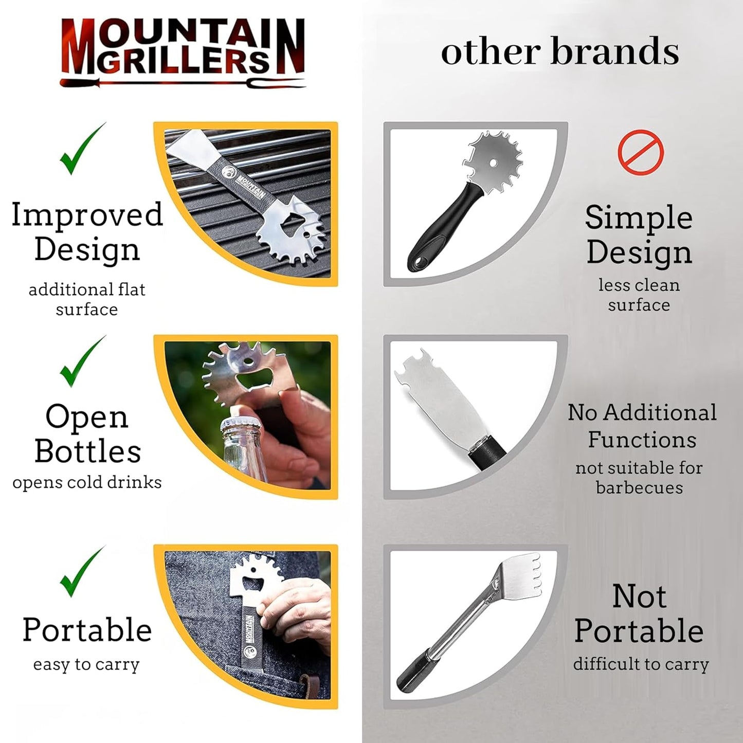 Mountain Grillers BBQ Grill Grate Scraper - Wide Portable Grill Scrubber for Outdoor Grill, Griddle, Smoke or Oven Grates - Non Slip Stainless Steel Grill Cleaning Tools with Built-in Bottle Opener