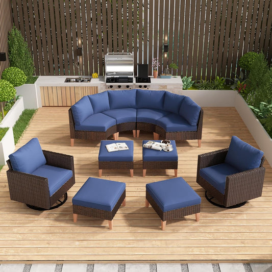 HUMMUH 10 Pieces Patio Furniture Set,Outdoor Half-Moon Modular Sectional Couches Swivel Patio Chairs with Ottomans,All Weather PE Wicker Patio Conversation Sets for Garden Porch Backyard