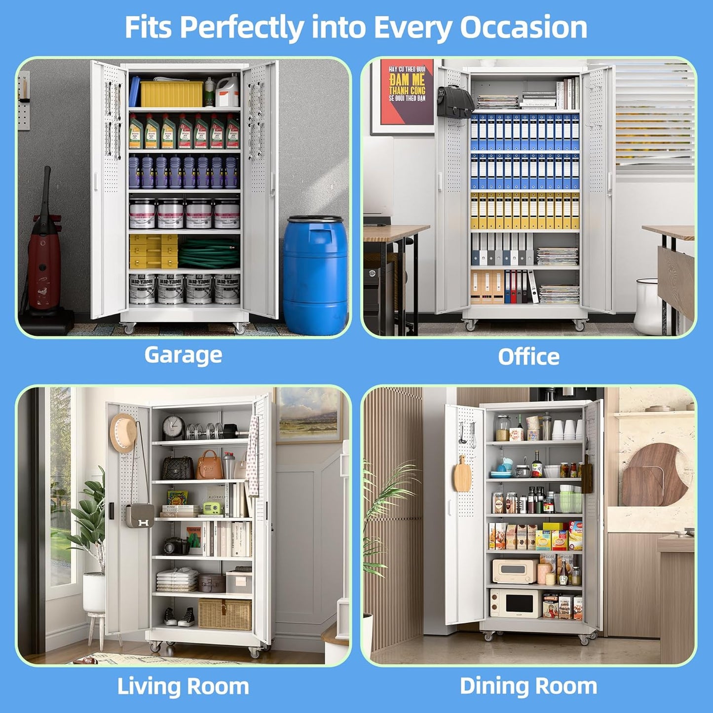 Metal Garage Storage Cabinet with Wheels & Pegboard, Lockable Metal Storage Cabinets with 2 Doors&5 Adjustable Shelves for Garage&Home,Assembly Required,White 71''H x32''W x16''D