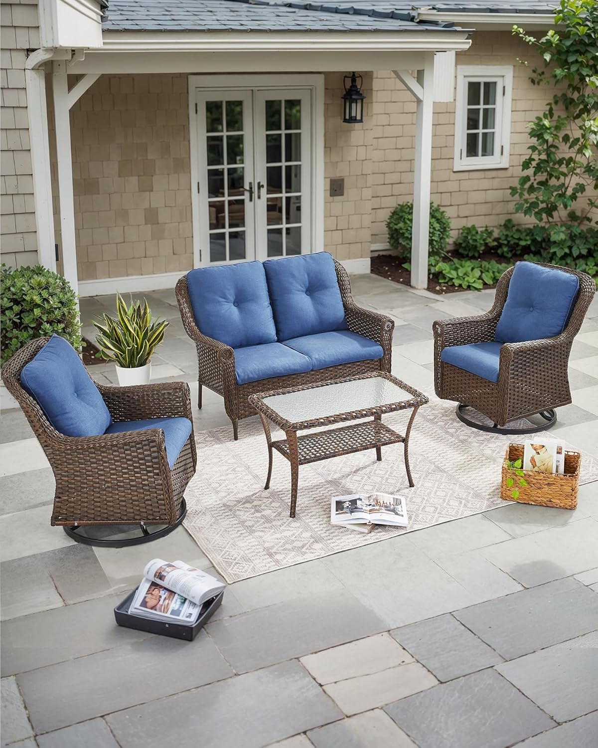 Patio Loveseat Outdoor Wicker Sofa - Heavy Duty All-Weather Brown Rattan 2-Person Sofas with High Back and Comfortable Thick Cushions for Garden Back Porch Poolside Apartment - Navy Blue