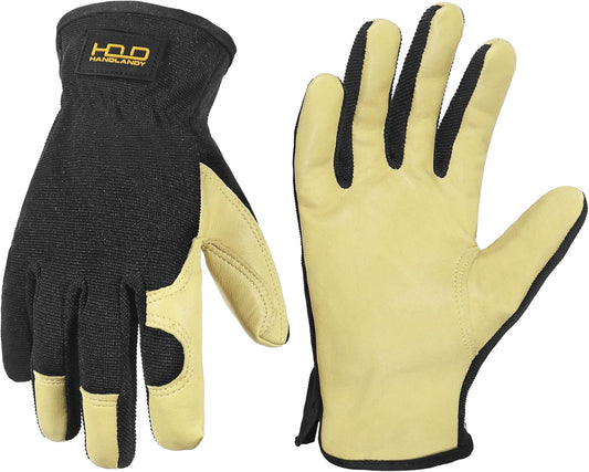 HANDLANDY Leather Work Gloves for Men & Women, Reinforced Durable Garden Gloves, Cowhide Working Glove for Gardening