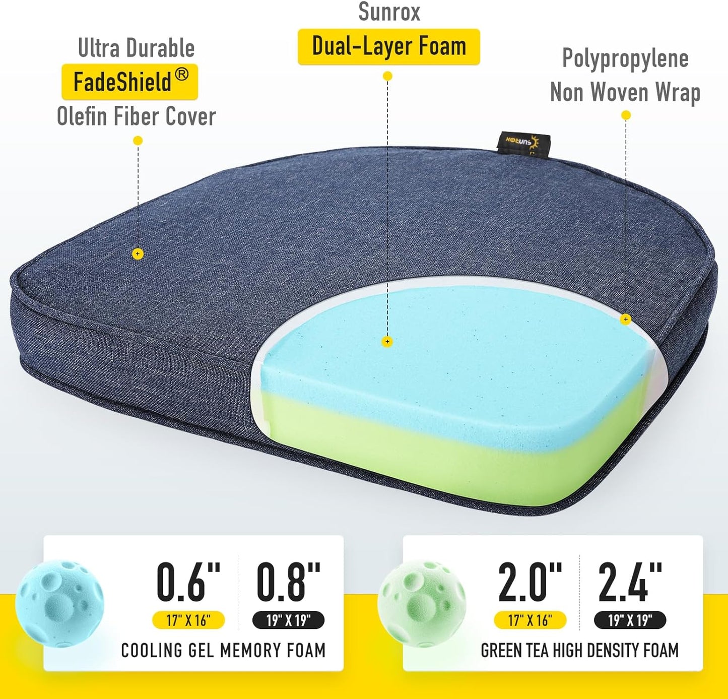 SUNROX Gel Memory Foam Chair Cushion with Ties, Ultra Durable Water Resistant FadeShield Outdoor/Indoor Reversible Chair Seat Cushion 17 x 16 inch Set of 4, Heather Indigo