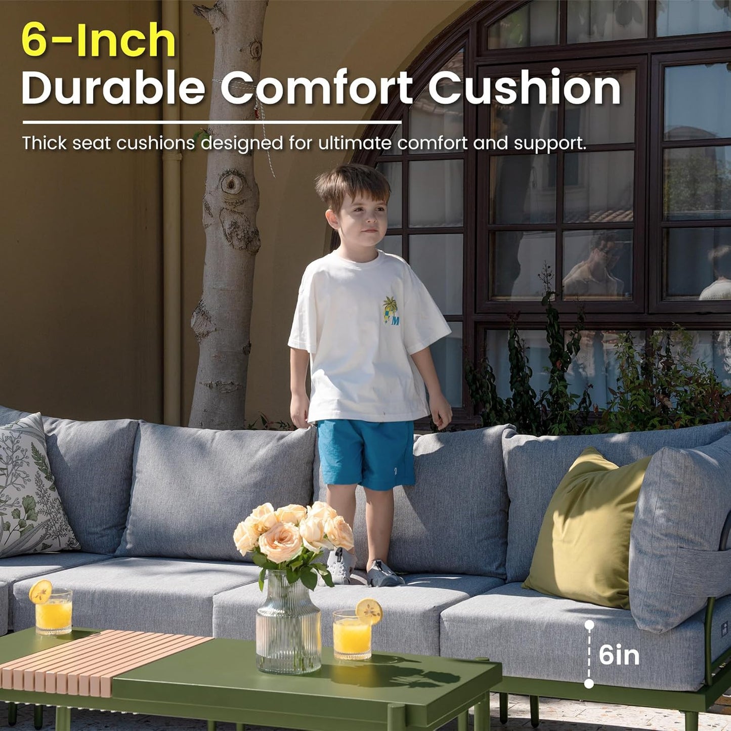 Sundale Outdoor 9 Pieces Metal Patio Furniture Set, Outdoor Sectional Sofa w/6 Inch Olefin Cushion and Coffee Table, Modern Outdoor Conversation Sets