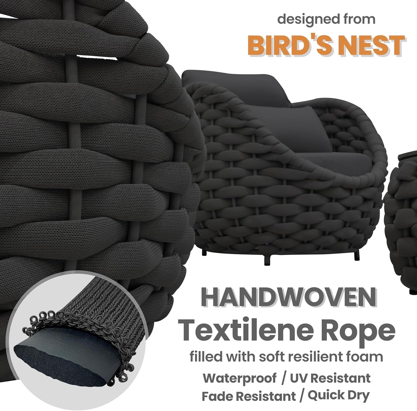 Aluminum Rope Patio Furniture Set: 6 Pieces Assembled Outdoor Conversation Sofa Set for 7 - Modern Metal Couch Set Cushioned - All Weather Porch Seating for Deck Garden Lanai Hotel, Dark Gray