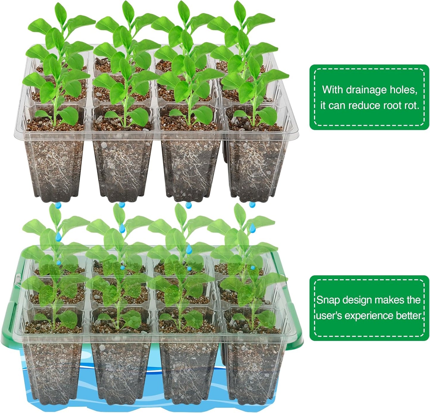Bonviee 5 Packs Seed Starter Tray with Plant Light, Elevated Seedling Starter Trays Kits with Adjustable Humidity Domes and Clear Cell Tray, 12 Full Spectrum led lamp Beads for Plants Indoor-Green