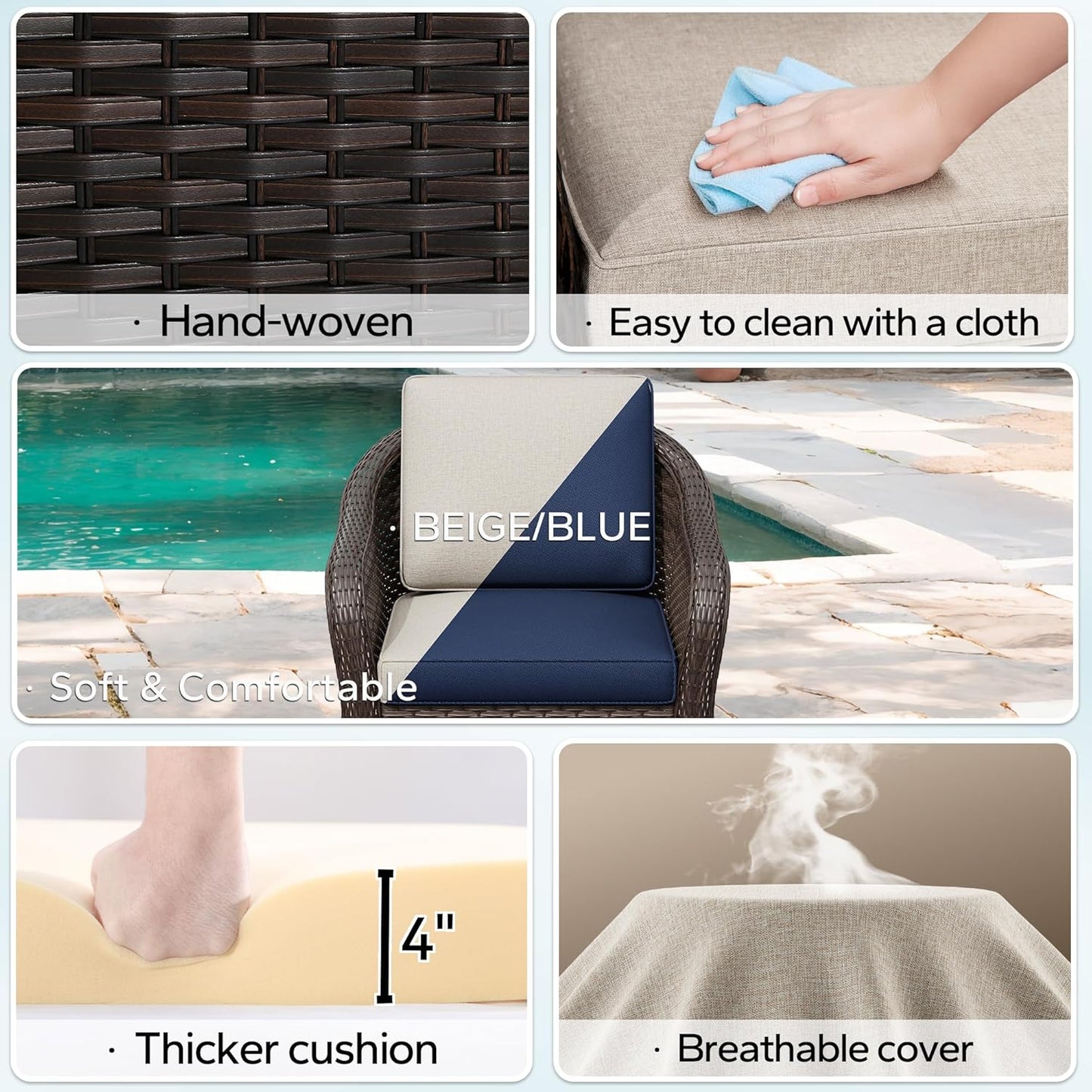 5 Pieces Outdoor Patio Conversation Furniture Set, 4 Pieces Rattan Glider 360 Degree Swivel Rocker Chairs with Removable Cushions, Coffee Table for Porch, Poolside (Beige)