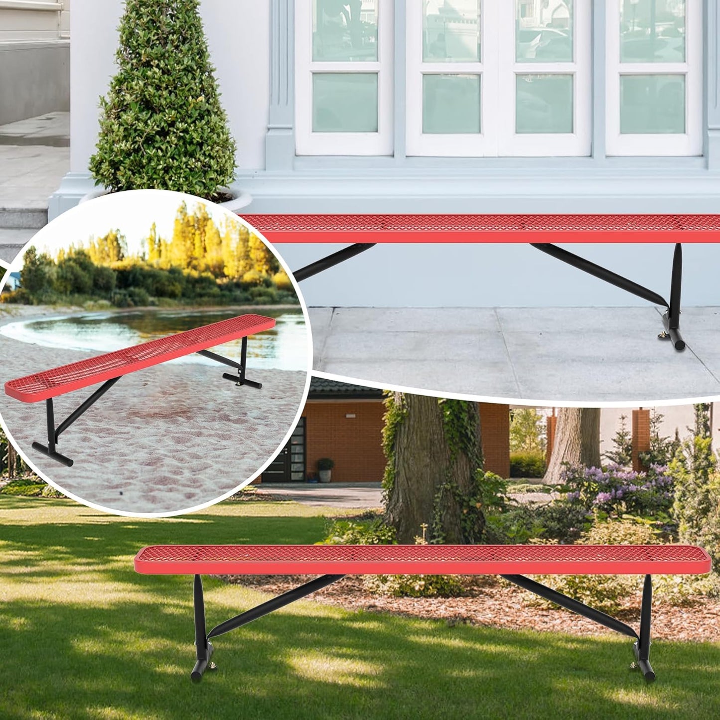48" L Outdoor Steel Flat Bench, Heavy Duty Metal Park Bench for Outside, Expanded Metal, Commercial Benches Mesh Bench for Shopping Mall, Store, Lawn, Park, Patio, Deck, Garden (Red, 8FT)