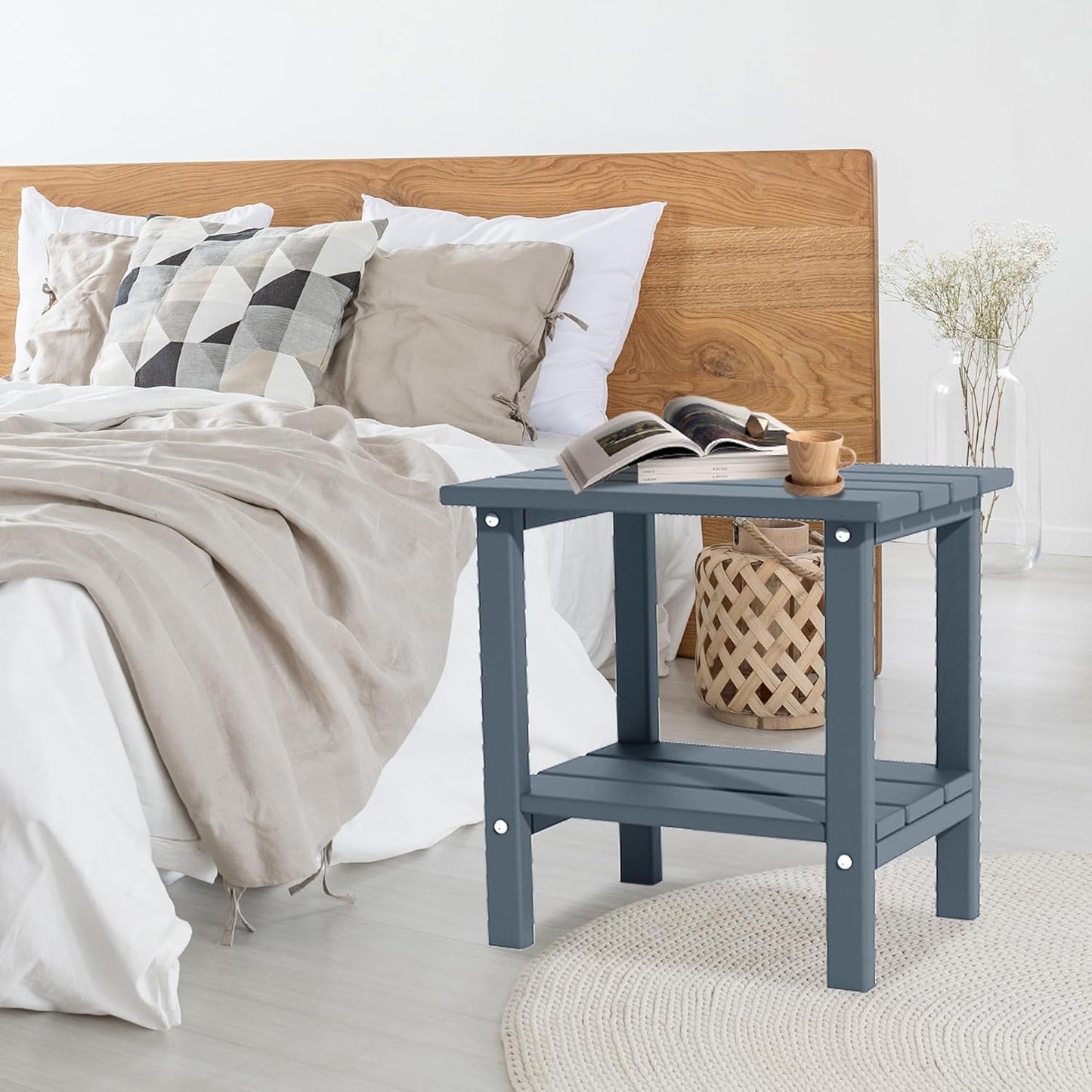 Outdoor Side Table, Weather Resistant HDPE Outdoor Table, 2-Tier Small Patio Tables for Outside or Indoor (Navy Blue)