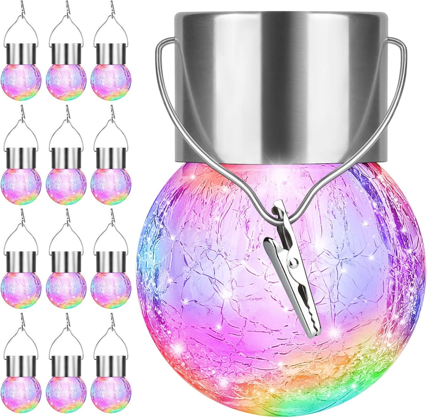 12Pack Outdoor Hanging Solar Lights - Cracked Glass Solar Lights Waterproof LED Decorative Ball Lights Tree Solar Powered Globe Lights with Hook for Garden Yard Fence Christmas Decoration, Multicolor