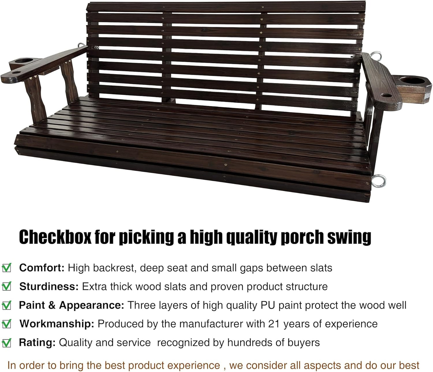 Fortune Candy Wooden Porch Swing 3-Seater, High Backrest and Deep Seat, Bench Swing with Cupholders, Hanging Chains and 7mm Springs, Heavy Duty 880 LBS (Deep Brown, 5 FT Extra Large)
