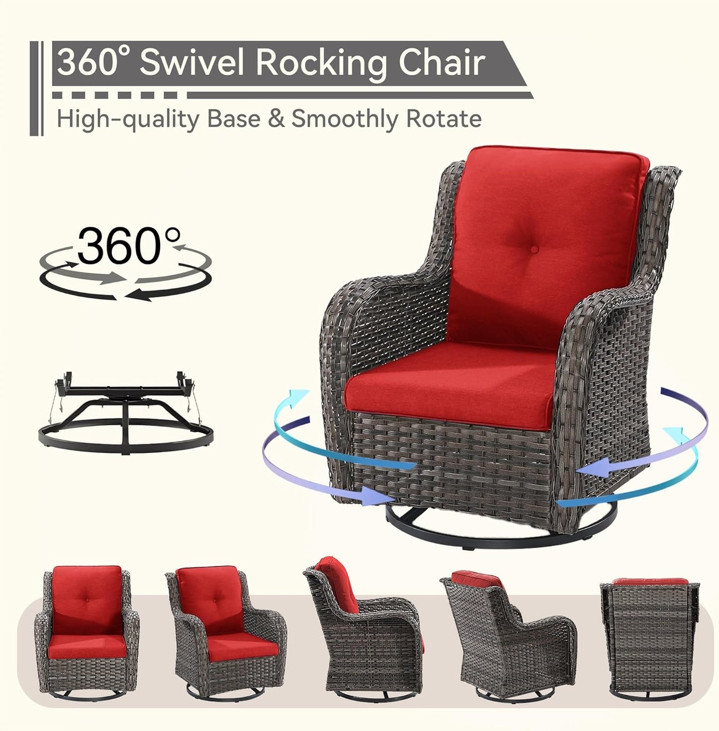 Outdoor Swivel Rocker Patio Chairs Set of 2 - Outdoor Wicker Patio Conversation Sets 2 Pieces with Olefin Fabric Cushions Suitable for Backyard Deck and Porch, Red