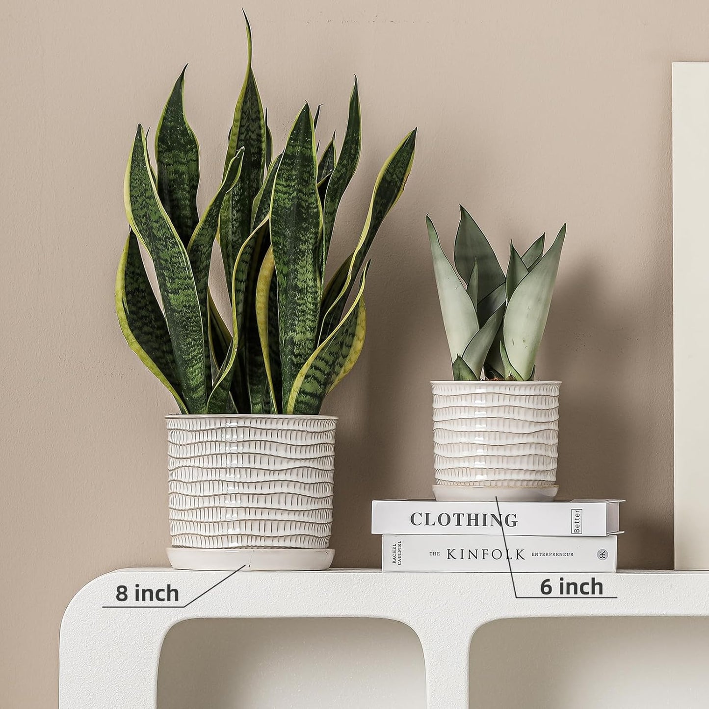 5.8 Inch Plant Pot: Ceramic Planter with Drainage Hole & Saucer - Cream White Flowerpot for Indoor & Outdoor Plants - with Separate Tray for Home & Office - Wave Embossed Design