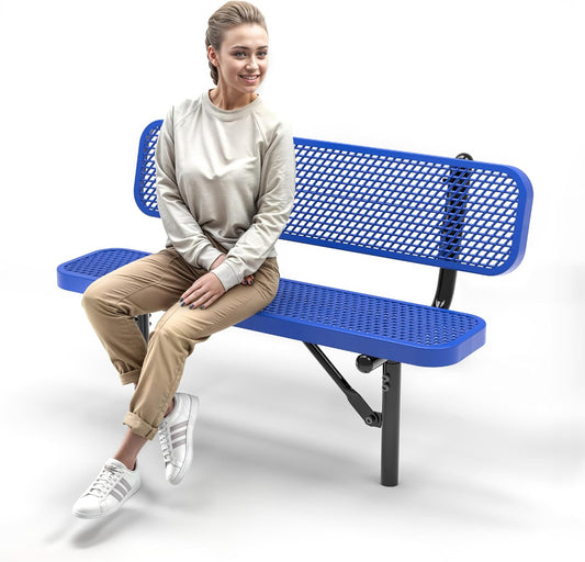 Heavy-Duty Outdoor Metal Bench, Thermoplastic-Coated, Inground, Weatherproof, Commercial-Grade for Parks, Gardens, Patios, Stores & More (4 Ft - Inground with Back, Blue)