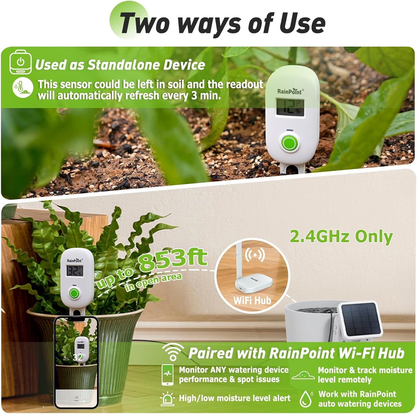 RAINPOINT Smart Digital Wireless Plant Moisture Meter Houseplants Indoor WiFi Hub Kit with Low/High Moisture Alert,Real-time Monitor Hygrometer Sensor Outdoor Gardening Push Notification&Email