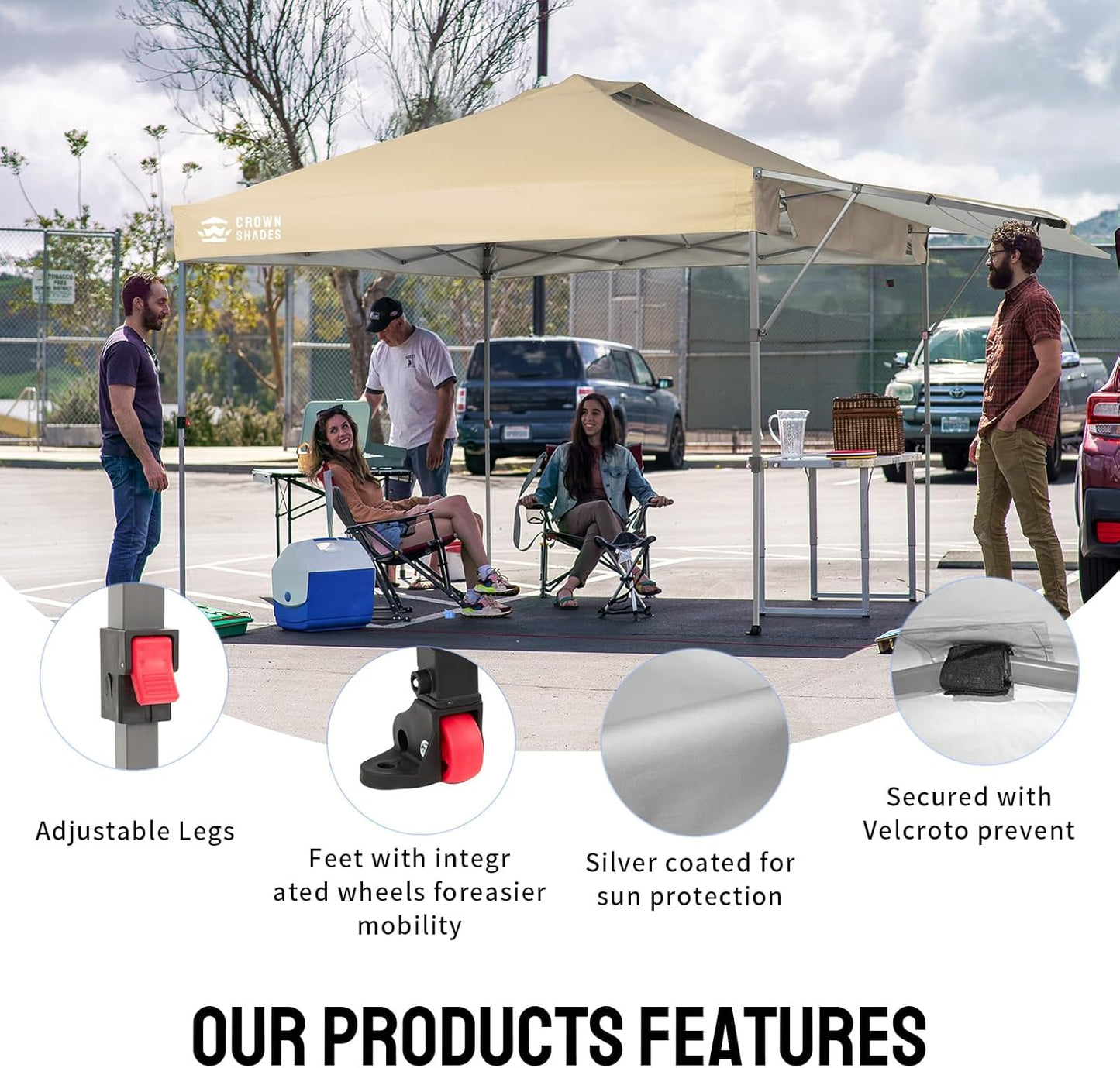 CROWN SHADES 10x10 Pop up Canopy Tent, Instant Commercial Canopy with Extend Awning, Patended Centerlock, 150D Silver Coated Fabric, 4 Ropes, 8 Stakes, 4 Weight Bags, STO 'N Go Bag, Khaki