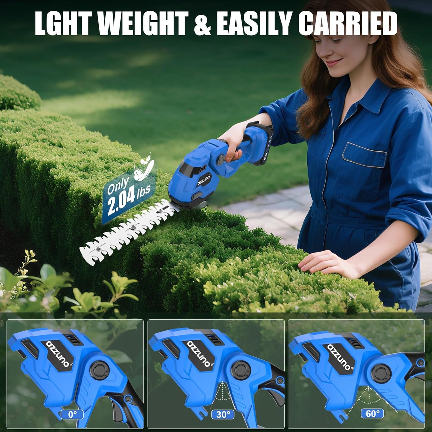 AZZUNO Cordless Hedge Trimmer, 2-in-1 Electric Grass Shears Shrubbery Trimmer with 2Ah Battery，Handheld Grass Cutter Shrub Trimmer for Gardens, Yards, Lawns, Including Charger(2 Batteries)