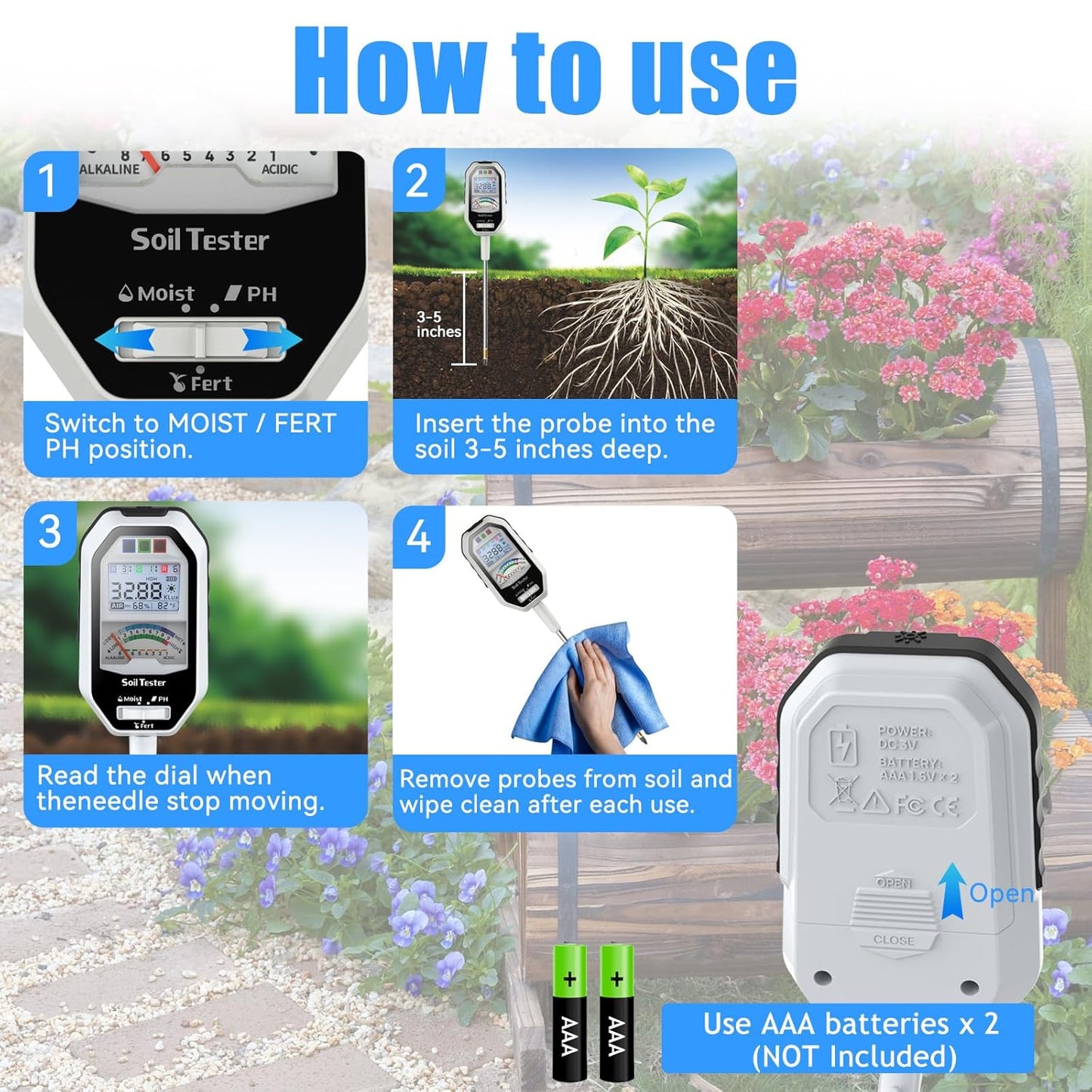 Soil Moisture Meter, 7-in-1 Soil PH Tester/Soil Moisture/Fertility with Removable Probe, LCD Display Air Temp/Air Humidity/Sunlight Intensity/BGR Spectral for Plants Garden, Lawn,Indoor Outdoor Plants