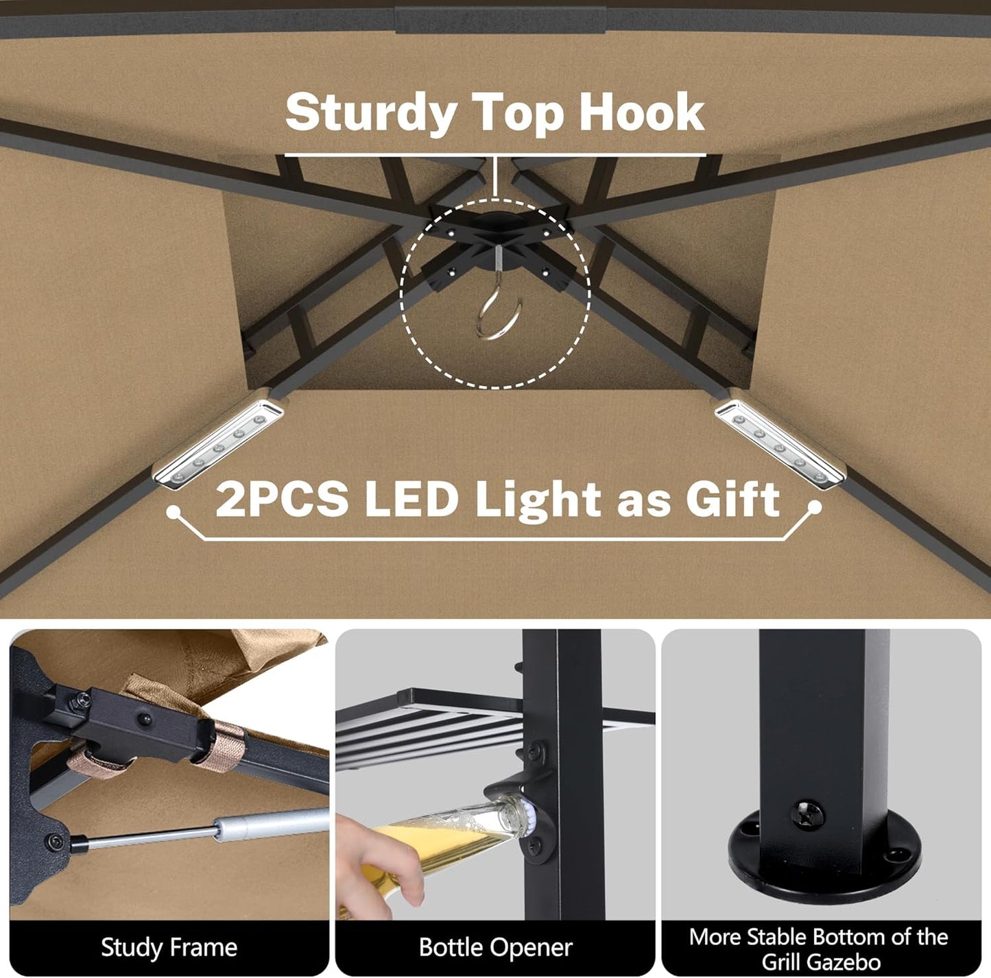 MASTERCANOPY 11 x 5 Grill Gazebo with Extra Side Awning Outdoor BBQ Gazebo with 2 LED Lights for Patio Party Backyard Picnic(Khaki)