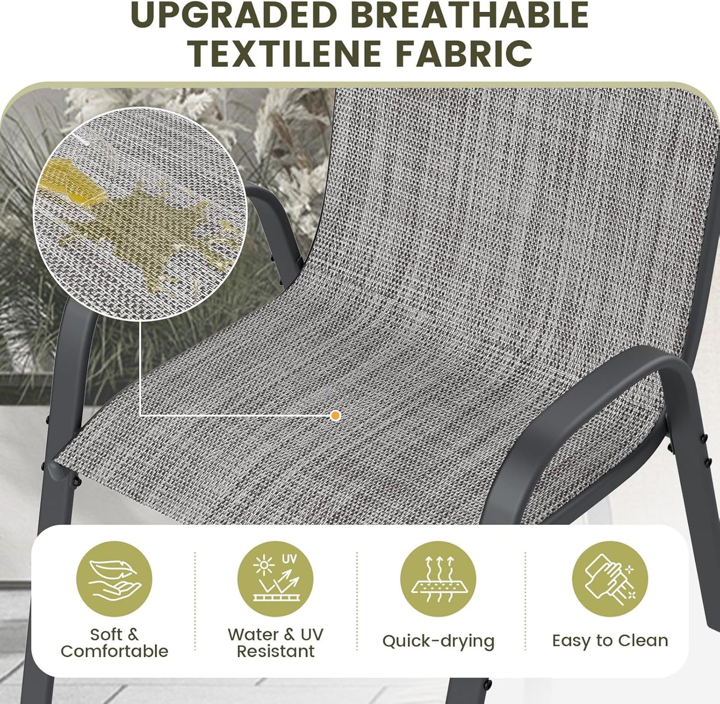 UDPATIO Patio Chairs Set of 4, Stackable Outdoor Dining Chairs with High Back, Breathable Textilene Fabric Outdoor Chair All Weather, 350LBS Capacity for Garden, Backyard (Light Grey)