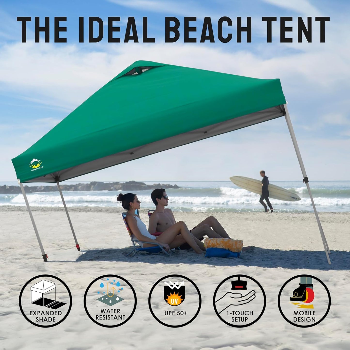 CROWN SHADES 10x10 Pop Up Canopy - Beach Tent with One Push Setup - Easy Outdoor Sun Shade for Events, Parties, Camping - Gazebo with STO-N-Go Cover Bag, Silver Coated Top, Forest Green