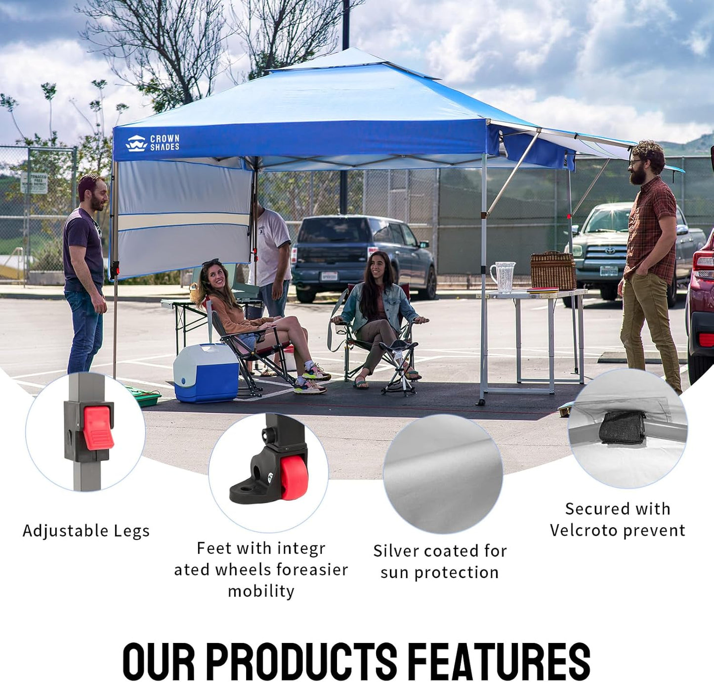 CROWN SHADES 10x10 Pop up Canopy Tent Patended Centerlock Instant Commercial Canopy with 150D Silver Coated Fabric Including 2 Extend Awnings, 4 Ropes, 8 Stakes, 4 Weight Bags, STO 'N Go Bag, Blue